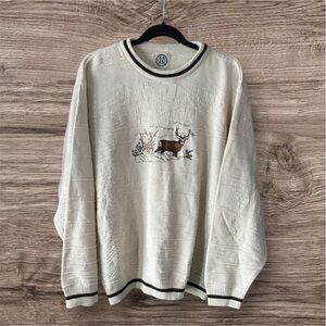 Vintage Made In Canada R&R Cream Crewneck Sweater With Embroidered Deer Size L